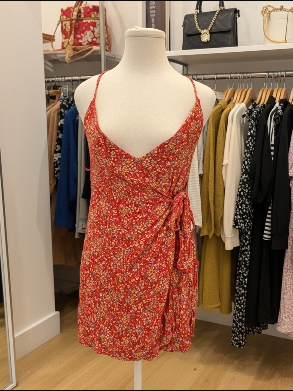 O'Neill Red Floral Wrap Mini Dress size XS Tie Waist Adjustable Strap Summer